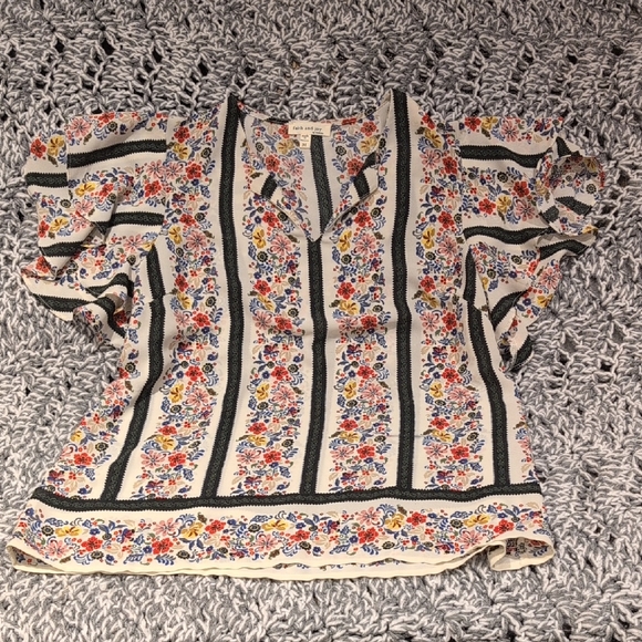 Faith and Joy Tops - Faith & Joy Folk Floral Stripe Blouse | Porcelain Cream + Ink | Medium